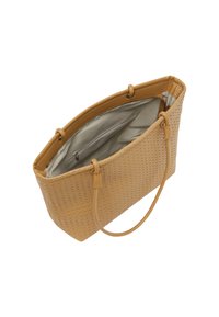 Torebka tote w kolorze brązowym, pleciona, z gładkim skórzanym wykończeniem, podwójnymi uchwytami i jasnym wnętrzem zawierającym jedną kieszeń na zamek oraz materiałowe podszewki.