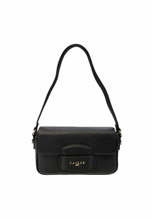 Borsa a tracolla in pelle nera con chiusura a patta, logo dorato "GAELLE PARIS" sul davanti e tracolla regolabile.