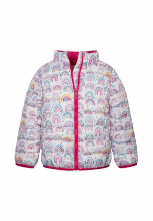 Veste matelassée blanche pour enfant avec bordure rose, recouverte d'un motif d'arcs-en-ciel pastel multicolores et d'étoiles, fermeture éclair sur le devant.