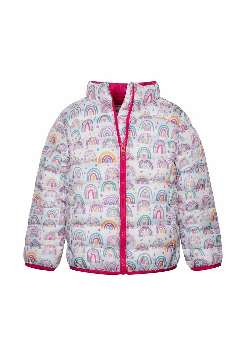 Veste matelassée blanche pour enfant avec bordure rose, recouverte d'un motif d'arcs-en-ciel pastel multicolores et d'étoiles, fermeture éclair sur le devant.