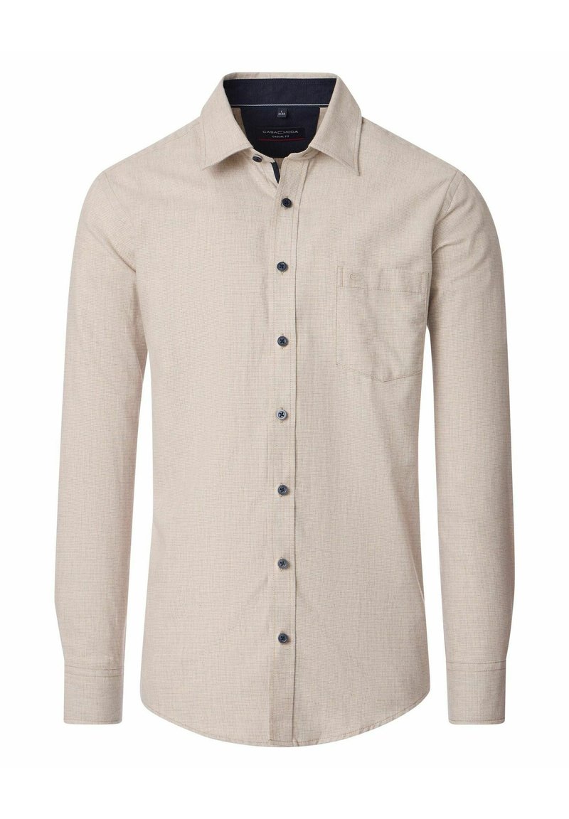 Beige lange mouwen casual fit shirt met zwarte knopen, linker borstzak en een klassieke kraag.