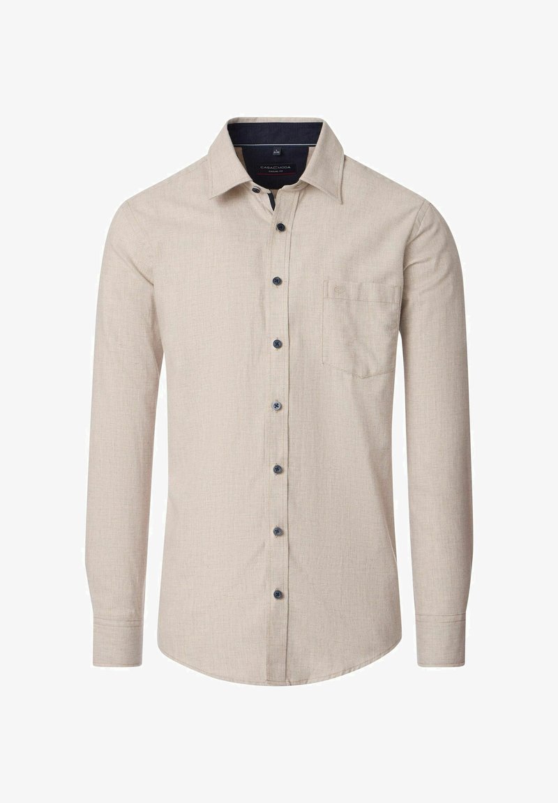 Beige lange mouwen casual fit shirt met zwarte knopen, linker borstzak en een klassieke kraag.