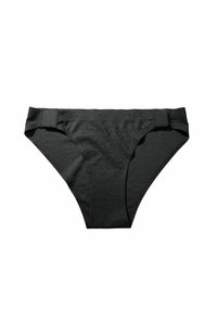 Black bikini bottom featuring a subtle leopard pattern, adjustable side straps, smooth texture, and a low-rise design.