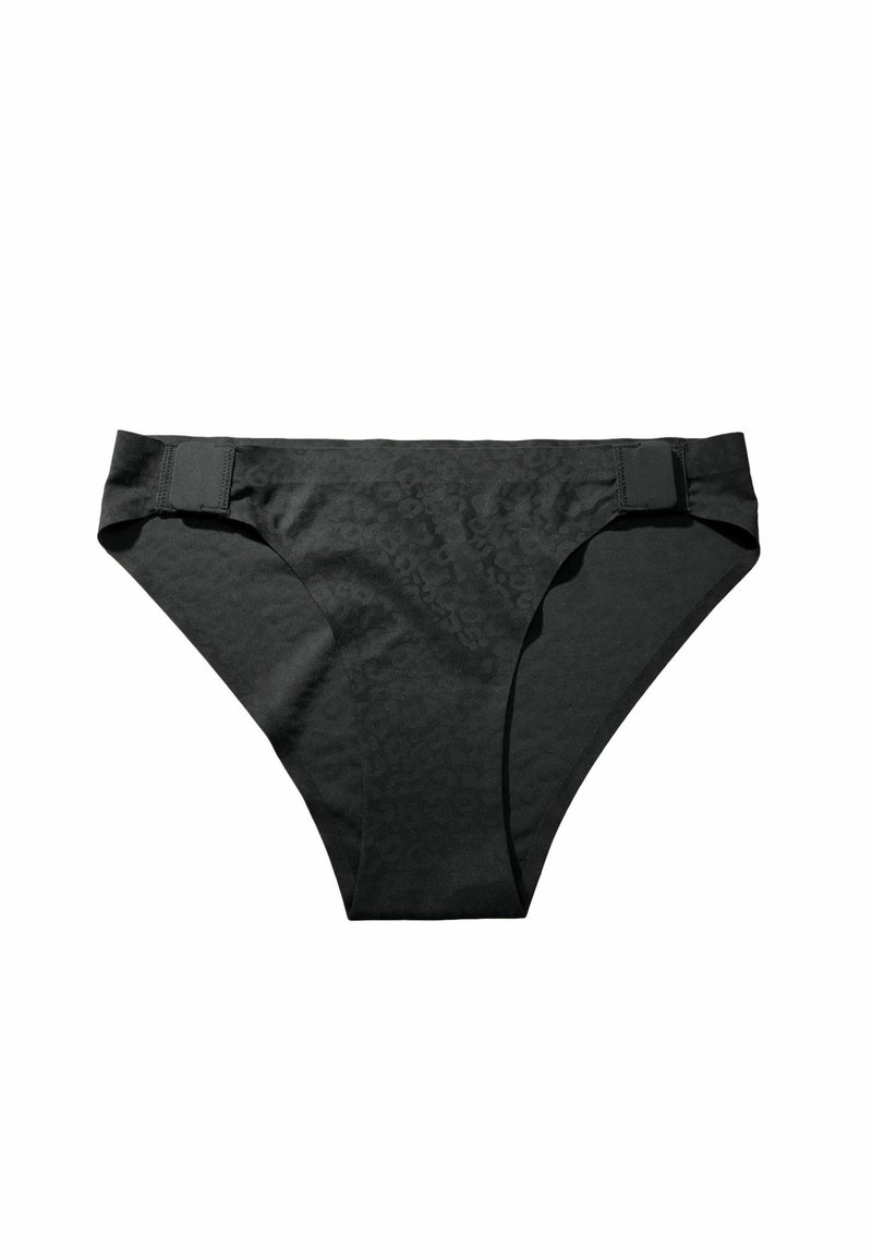 Black bikini bottom featuring a subtle leopard pattern, adjustable side straps, smooth texture, and a low-rise design.