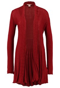 Rote Cardigan mit offenem Frontbereich aus gestricktem Material. Verfügt über lange Ärmel, ein strukturiertes Muster und eine drapierte Silhouette.