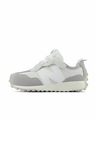 Gray and white athletic shoes with a mix of suede and mesh, featuring a textured rubber sole, laces, and a signature 'N' logo.