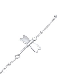 Silverarmband med en trollslända charm med detaljerade vingar, märkt '925', på en delikat kedja med runda pärlor.