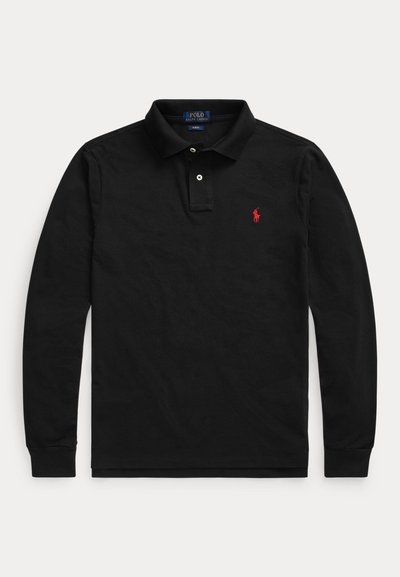 Must Polo Ralph Laureni pika varrukaga särk krae, kahe nupuga palistusega ja punase tikitud logoga vasakul rinnal.