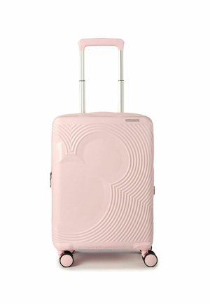 Valigia rigida rosa con motivi curvi, manico estensibile in argento e quattro ruote nere per una mobilità fluida. Chiusura con zip.