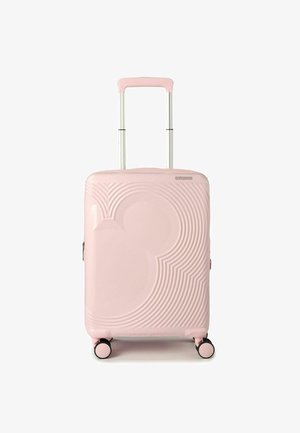 Valigia rigida rosa con motivi curvi, manico estensibile in argento e quattro ruote nere per una mobilità fluida. Chiusura con zip.