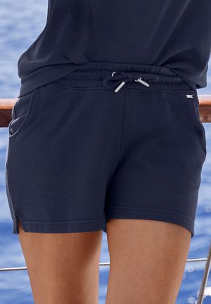 Navyblaue Baumwollshorts mit einem elastischen Bund, Kordelzugverschluss, zwei seitlichen Taschen und seitlichen Schlitzen am Saum.