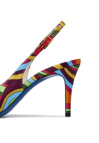 Sandal con tacco alto colorato, con tomaia in tessuto decorata da strisce vivaci, tacco aperto e cinturino alla caviglia regolabile con dettagli in oro.