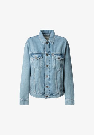 Šviesiai mėlynas džinsinis švarkas su apykakle, priekyje mygtukais, dviem krūtinės kišenėmis ir siuvinėjimo detalėmis palei siūles ir rankogalius.
