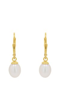 Guldtonade örhängen med en låsning av typ leverback, prydda med en enda glansig vit pärla vid basen, vilket ger en mjuk, rund form.