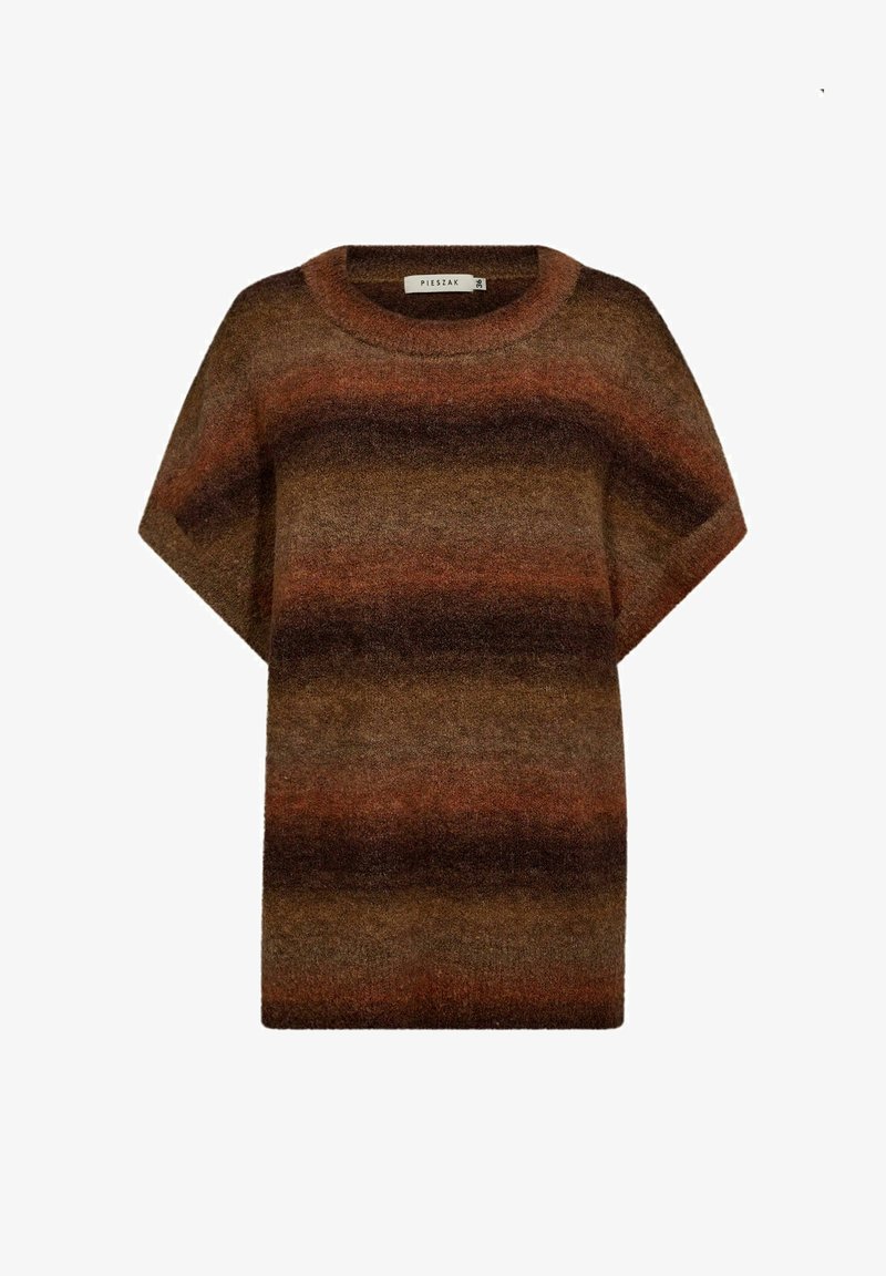 Lyhythihainen, rento neulepaita pehmeästä langasta, jossa on vaakasuoria raitoja ruskeana, ruosteenvärisenä ja palaneena oranssina. Ribattu kaula-aukko, jossa näkyy etiketti.