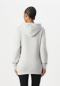Sweatshirt com capuz cinza claro, mangas longas, punhos e bainha canelados, textura suave e um corte largo, visto por trás.