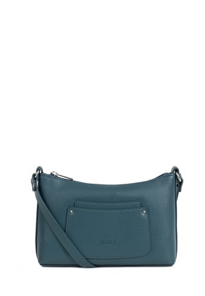 Sac bandoulière en cuir texturé bleu sarcelle avec poche avant et sangle réglable, ferrures argentées et fermeture éclair.