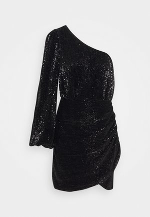 Robe mini noire à une épaule avec une longue manche et jupe froncée recouverte de paillettes étincelantes.