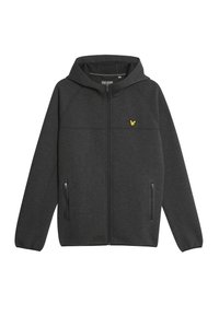 Giacca con cappuccio e zip in tessuto grigio scuro con texture liscia, caratterizzata da due tasche laterali e un accento logo giallo.