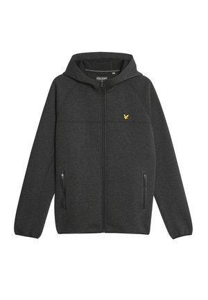 Kapuzensweatjacke aus dunkelgrauem Stoff mit glatter Textur, ausgestattet mit zwei Seitentaschen und einem gelben Logoakzent.