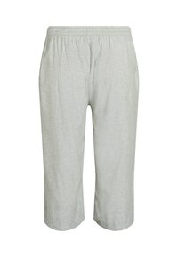 Svetlo sivi skrajšani hlače z teksturiranim zaključkom, elastičnim pasom, dvema stranskima žepoma in sproščenim krojem.
