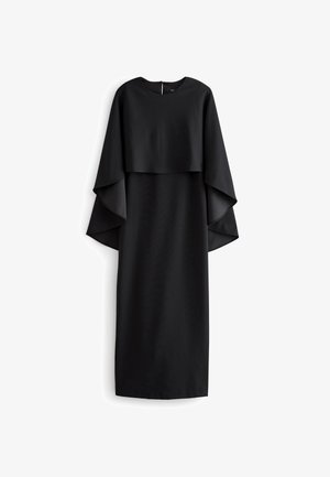 Schwarzes Kleid mit entspannter Silhouette, featuring einem geschichteten Cape-Design, runder Halslinie und Reißverschluss hinten. Glatte Stofftextur.