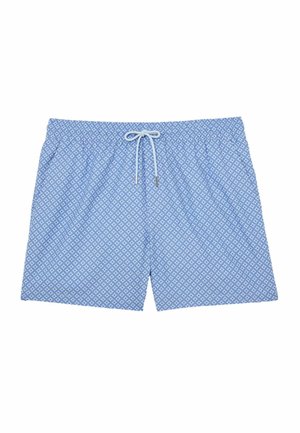 Világoskék fürdőnadrág fehér geometrikus rombusrátéttel, rugalmas derékrésszel és fehér, elöl megkötött zsinórral.