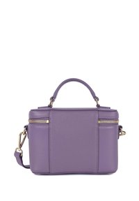 Paarse leren handtas met een gestructureerd ontwerp, bovenhandvat en afneembare schouderband. Heeft gouden ritsaccenten en een getextureerd oppervlak.