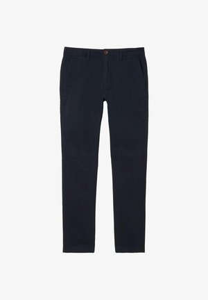 Granatowe bawełniane chinosy o dopasowanym kroju, z zamkiem błyskawicznym i zapięciem na guzik. Posiadają kieszenie z przodu i teksturowaną powierzchnię.