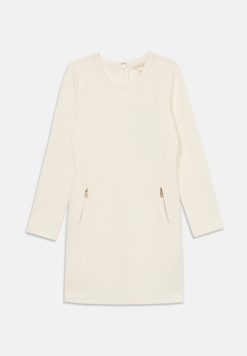 Dolga kremna obleka z okroglim izrezom, subtilno cvetlično teksturo in dvema sprednjima vertikalnima žepoma z zlatimi zadrgami.