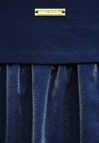 Granatowa tkanina z plisowanym dolnym odcieniem, z błyszczącym złotym prostokątnym akcentem z tekstem. Ogólnie gładka tekstura.