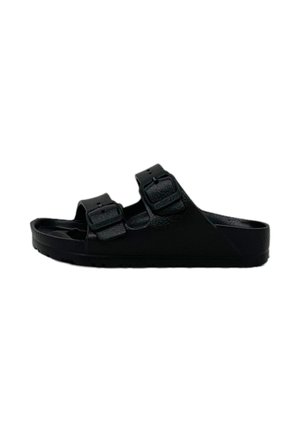 Sandalo slip-on nero con due cinturini regolabili con fibbia e soletta texturizzata, mostrato di profilo su sfondo bianco.
