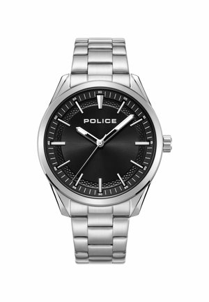 Silver stainless steel watch with a black face, silver hour markers, and a textured circle. Brand "POLICE" displayed prominently.