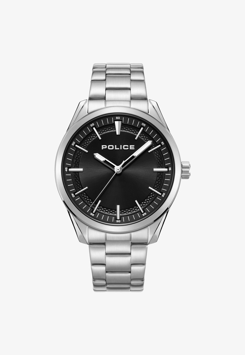 Reloj de acero inoxidable plateado con una esfera negra, marcadores de horas plateados y un círculo texturizado. Marca "POLICE" mostrada de manera prominente.