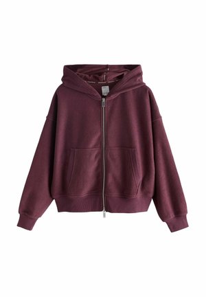 Sweat à capuche bordeaux zippé avec poches kangourou à l’avant, poignets et ourlet côtelés, coupe ample et décontractée, présenté sur fond blanc.