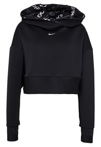 Sweat à capuche court noir Nike avec manches longues, petit logo blanc Nike sur la poitrine et texte imprimé à l'intérieur de la capuche.