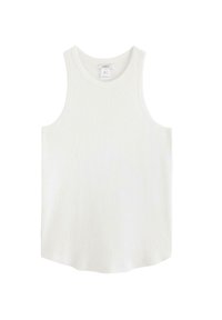 Hvid ribbet tanktop med rund halsudskæring og stropper. Stoffet har en struktureret overflade og en tætsiddende pasform.