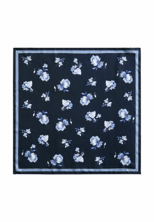 Foulard carré bleu foncé avec motif floral bleu clair et blanc et fines doubles lignes de bordure près des bords.