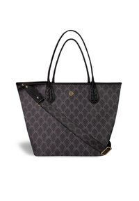 Black tote bag made of textured material, featuring a diamond pattern, dual handles, and a detachable strap for versatile carrying options.