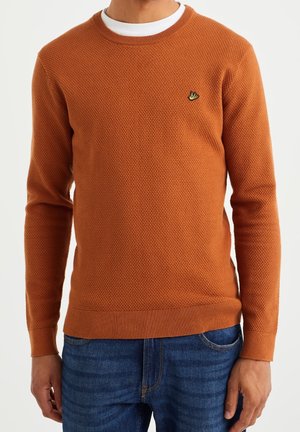 Mężczyzna w rdzawej, teksturowanej dzianinie na swetrze, nałożonej na białą koszulę, w niebieskich dżinsach, stojący na jasnym tle.