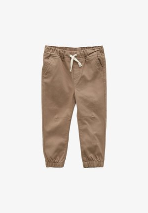 Lysebrune bukser til småbørn med elastisk talje og manchetter, frontlommer og hvid snøre.