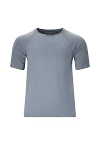 T-shirt de sport gris clair à manches courtes avec manches raglan et logo discret de la marque sur la poitrine, présenté à plat sur fond blanc.