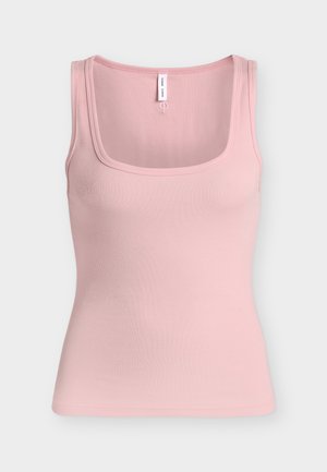 Μαλακό ροζ ριμπ πλεκτό αμάνικο μπλουζάκι με τετράγωνο λαιμόκοψη και φαρδιές τιράντες.