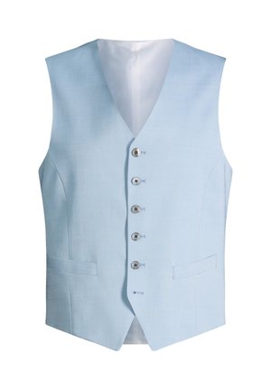 Gilet azzurro chiaro senza maniche con cinque bottoni frontali e due tasche laterali, taglio aderente e fodera interna bianca.