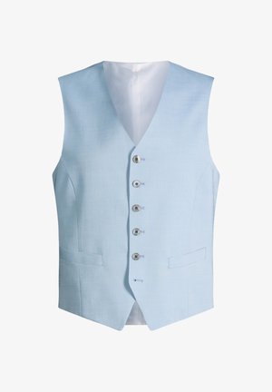 Hellblaues ärmelloses Weste mit fünf Frontknöpfen und zwei Seitentaschen, taillierter Schnitt und weißes Innenfutter.