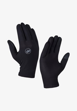 Schwarze Handschuhe aus glattem, flexiblem Material mit strukturiertem Griff an den Fingerspitzen. Verfügt über ein rundes graues Logo am Handgelenk.