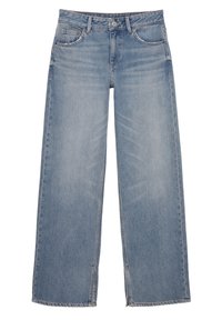 Svetlo modri široki jeans iz denima, ki imajo pet žepov, zapiranje z gumbom in subtilne učinke bledenja na tkanini.