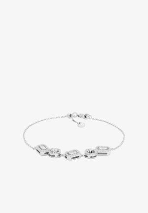 Silberarmband mit fünf markanten rechteckigen Gliedern, die funkelnde Akzente und einen Verschluss aufweisen, mit einer glatten, polierten Oberfläche.