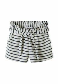 Pantalones cortos a rayas en blanco y azul marino, con cinturilla elástica, lazo frontal y bolsillos laterales. Elaborados con un material suave y texturizado.