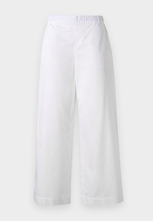 Hvite bukser med vide ben laget av glatt stoff, med elastisk liv og et rent, minimalistisk design uten ekstra utsmykninger.